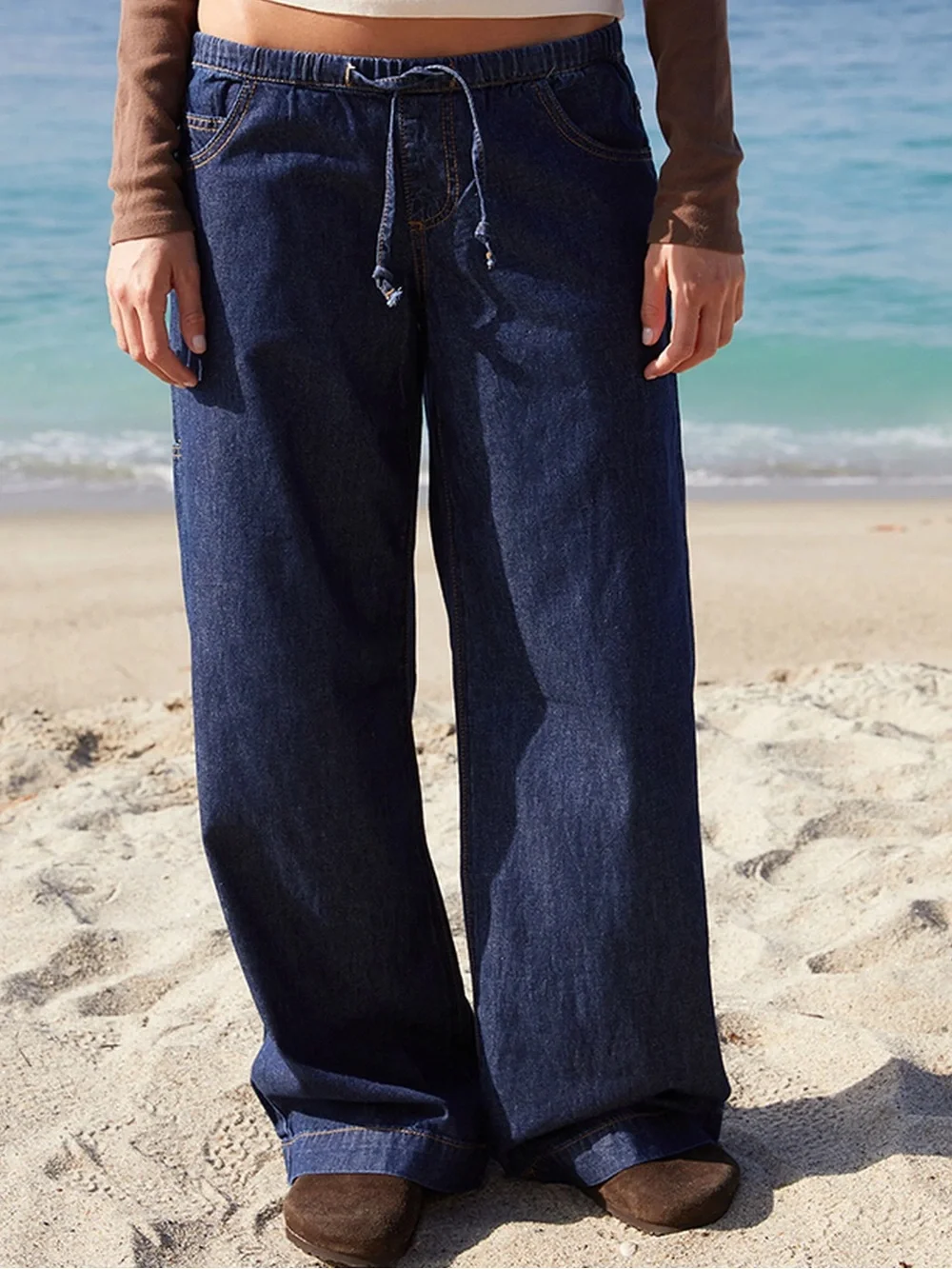 John Galt Dark Blue Gracie Drawstring Low Rise Baggy Jeans Relaxed Fit Wide Leg